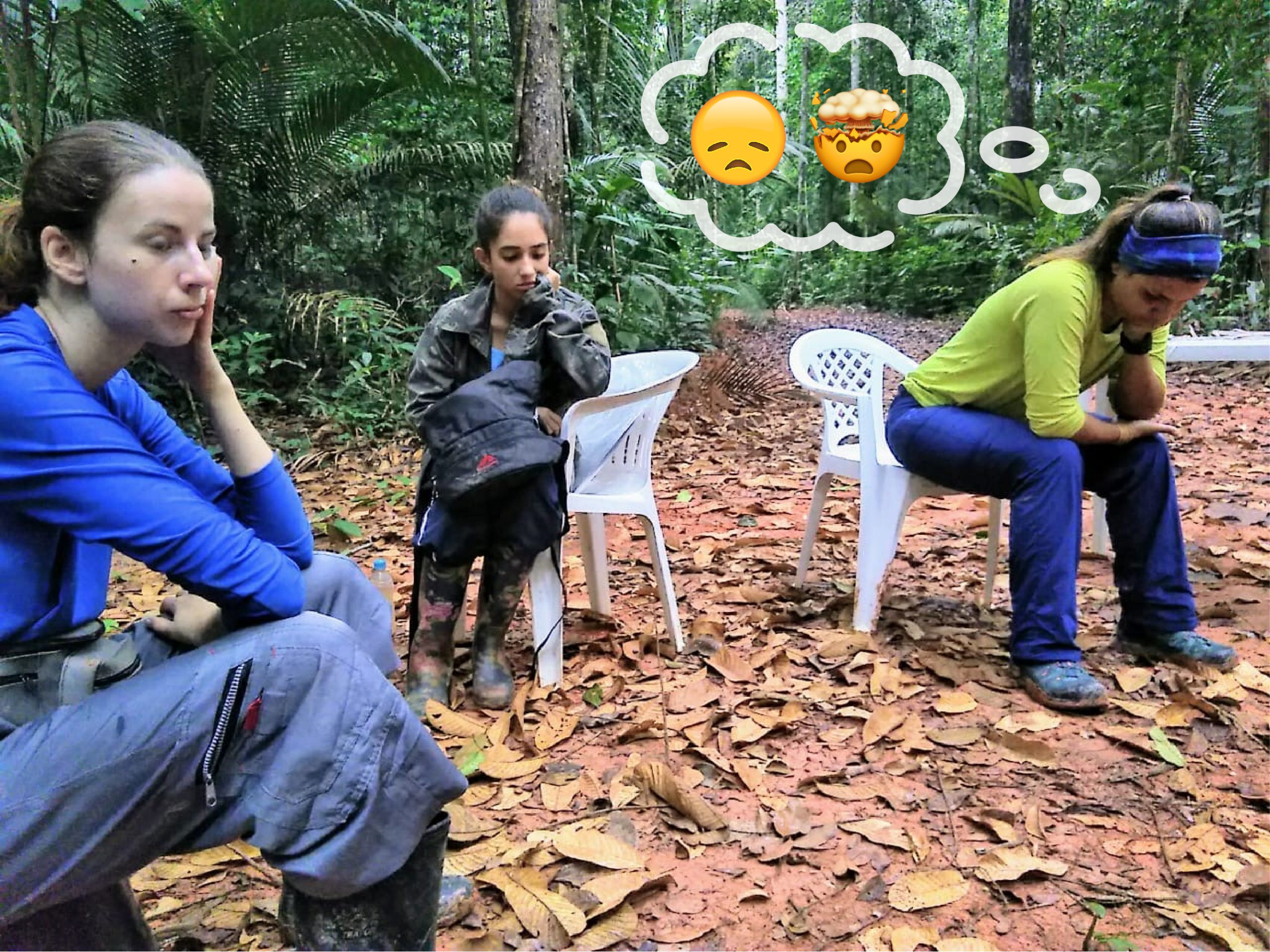 Eliane and two of her students sit in the forest, looking sad and frustrated, ponder how to fix the broken instrument.