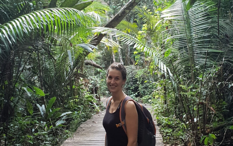 Maria Prass in the forest at ATTO to study bioaerosols