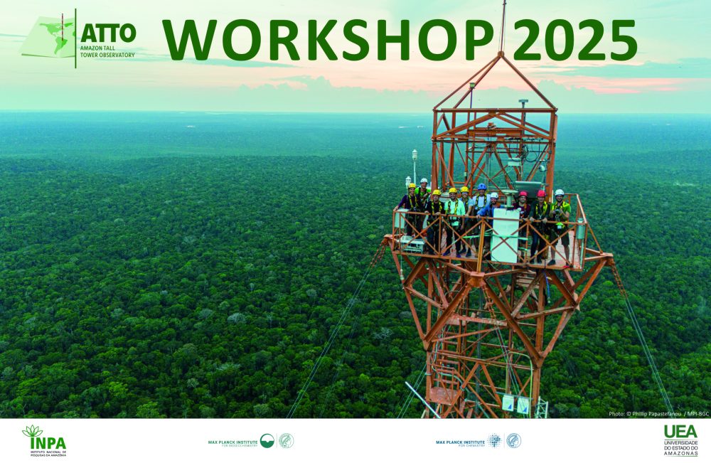 Group of scientists on a tall orange observation tower in the Amazon rainforest. Visible text: 'ATTO WORKSHOP 2025'.