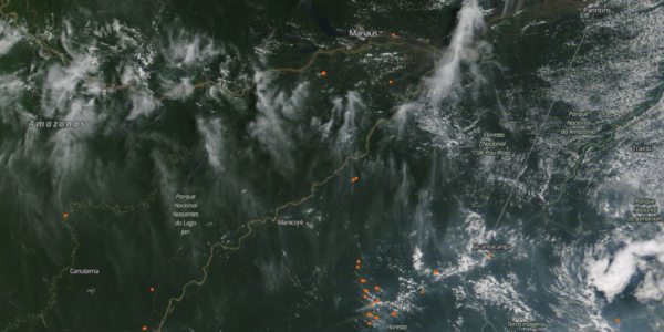Smoke from biomass burning rises into the atmosphere over the central Amazon basin. © NASA