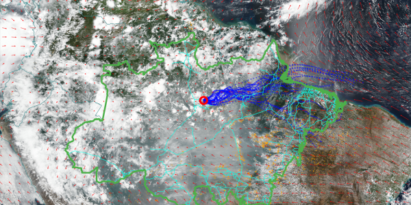 The satellite image shows that large areas of the Amazon are covered with smoke, some from regional fires, but some fires in Africa, coming in from the Atlantic.
The green outline marks the extend of the Amazon rainforest and the red circle the location of ATTO. The blue lines indicate the main wind field at ATTO during the time the image was taken. © Holanda et al. (2023)