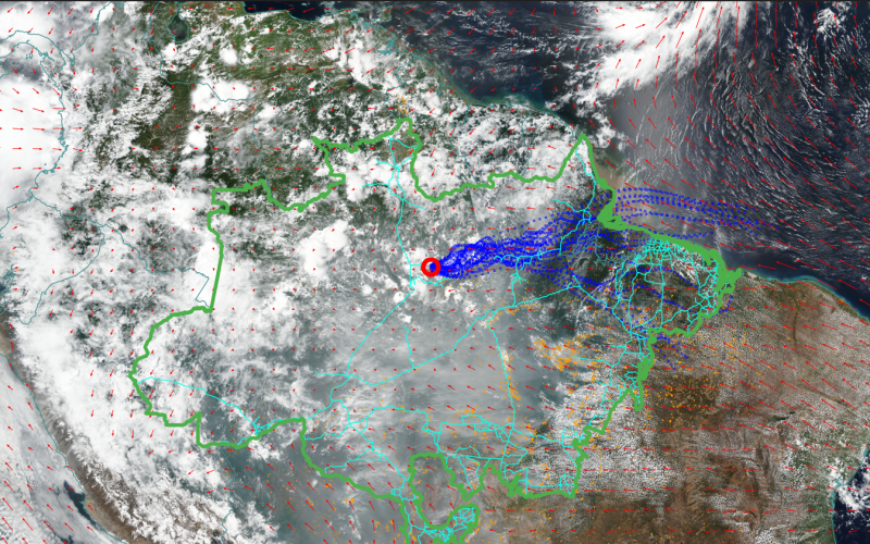 Das Satellitenbild zeigt, dass große Teile des Amazonasgebiets mit Rauch bedeckt sind, der zum Teil von regionalen Bränden stammt, zum Teil aber auch von Bränden in Afrika, die vom Atlantik her kommen.
Der grüne Umriss markiert die Ausdehnung des Amazonas-Regenwaldes und der rote Kreis den Standort von ATTO. Die blauen Linien zeigen das Hauptwindfeld an ATTO zum Zeitpunkt der Aufnahme. © Holanda et al. (2023)